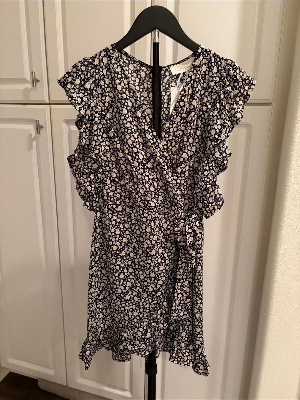 Black Floral Wrap Ruffled Dress